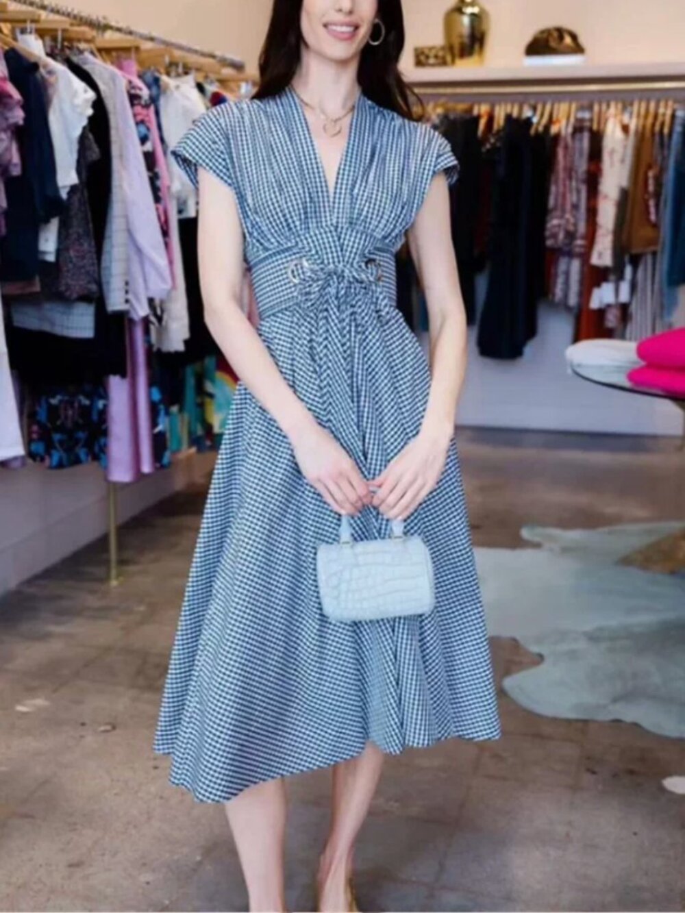 Alexis Riviera Midi Dress Medium Navy Ivory Check